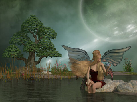 A woodland fairy plays with her pet dragon in a magic ball while sitting by a marsh pond.