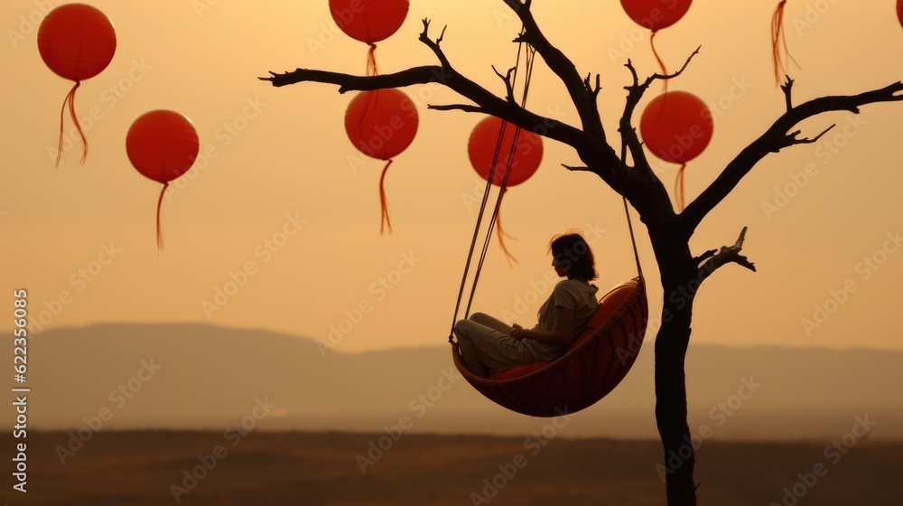 Poster a person sitting in a hammock hanging from a tree. generative ai image.