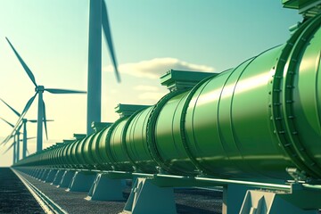 Naklejka premium A hydrogen pipeline with wind turbines and in the background. Green hydrogen production concept, created with Generative Ai Technology