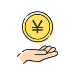 Fototapeta premium ¥の文字が入ったコインと人の手のシンプルなアイコン- 日本や中国などのお金･円や元のイメージ 