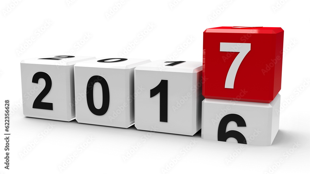 Poster white cubes with 2016-2017 change on a white table represents the new 2017, three-dimensional render