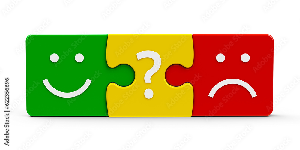 Poster color puzzle pieces with feedback concept isolated on a white background, three-dimensional renderin