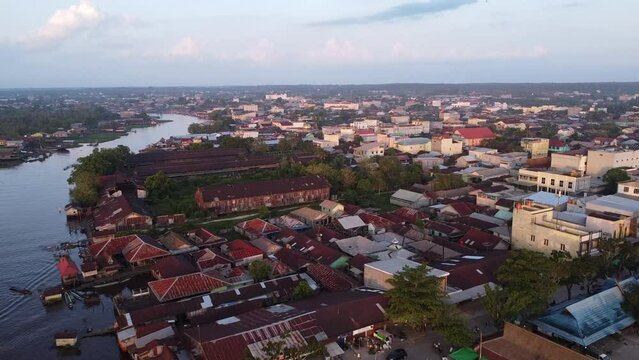 Aerial view of Central Borneo on a sunny morning with a beautiful blue sky. Pangkalan Bun, Central Borneo. Indonesia - July 10, 2023