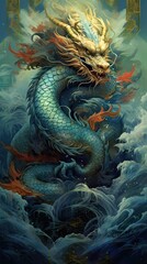 Fototapeta na wymiar Classical traditional asian emperor blue dragons and sea. Painting of Chinese dragon. Mythical creatures illustration concept created with Generative Ai Technology