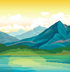 Summer landscape - blue mountains with forest and calm river on a sunset cloudy sky background. Nature vector illustration.