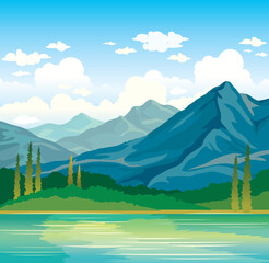 Blue mountains with forest and calm lake on a cloudy sky background. Nature vector illustration. Summer landscape.