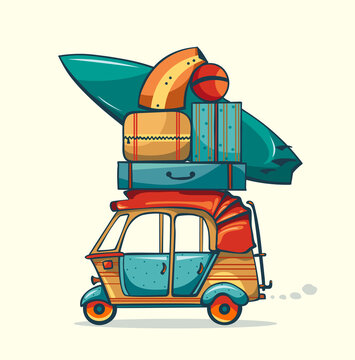 Vacation auto trip. Cartoon auto rickshaw with summer laggage. Travel vector illustration.