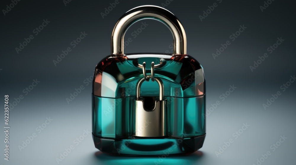 Poster a green glass container with a padlock on it. generative ai image.