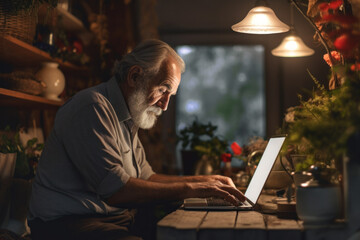 Mature man working at home using laptop.