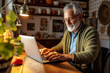 Senior man woking at home in kitchen using laptop.