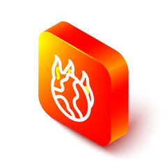 Isometric line Global warming fire icon isolated on white background. Orange square button. Vector