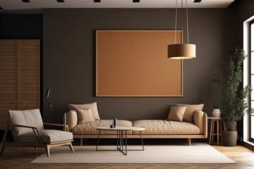 Brown interior with a mock up of a blank poster. Generative AI