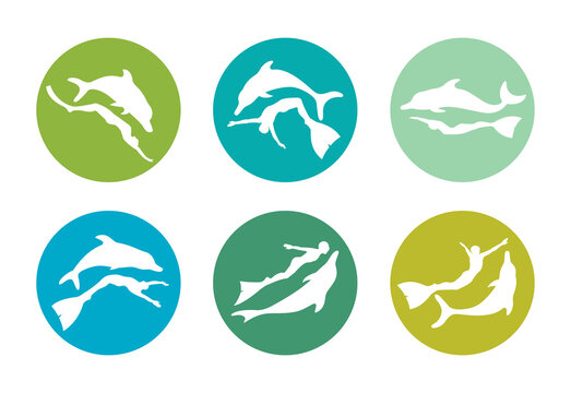 Freediving color icons - friendship between people and dolphin. Vector collection of silhouette freedivers and dolphins.