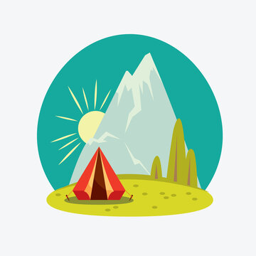 Vector cartoon natural landscape. Red travel tent and mountain on a blue sky.