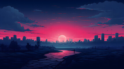 illustrations sunset over the city generative AI