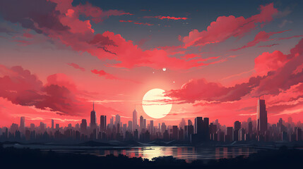 Obraz premium illustrations red sunset over the city generative AI