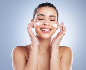 Skincare, hand and happy woman with face cream in studio for anti aging, wellness or hydration on...