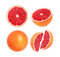 Collection of whole pink grapefruit and slices isolated on white.