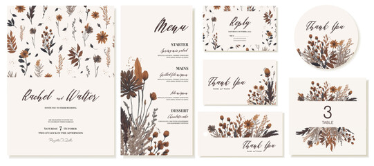 Big set for wedding celebration with autumn leaves and branches. Invitations, thank you cards, tag, sticker, table number and menu card. Vector