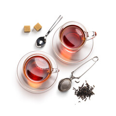 tea accessories on a white background. View from above