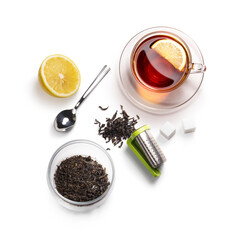 tea accessories on a white background. View from above