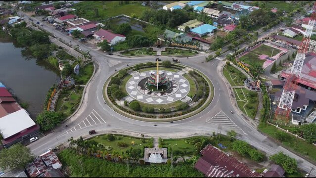 Aerial view of Bundaran Besar Kuala kapuas on Central Borneo. Kapuas, Central Borneo. Indonesia - July 10, 2023
