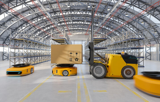 Automatic folk lift machine holding box and put the box on AGV machine, 3d illustration rendering