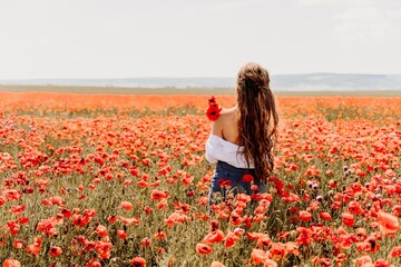 Woman poppies field. Back view of a happy woman with long hair in a poppy field and enjoying the beauty of nature in a warm summer day.