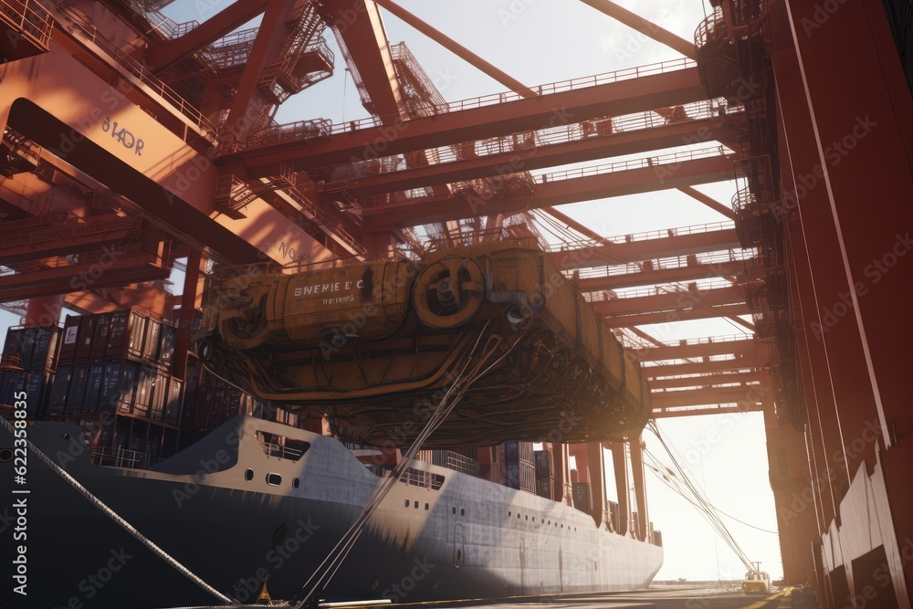 Poster close up view of a huge industrial crane loading containers on board a cargo ship and stacking them 