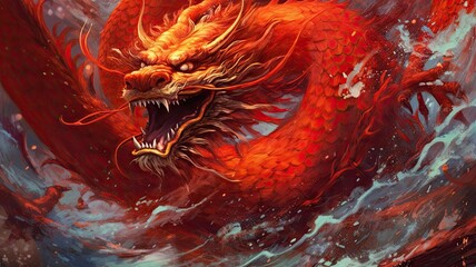 A painting of a red dragon with its mouth open, created with Generative Ai Technology © pham
