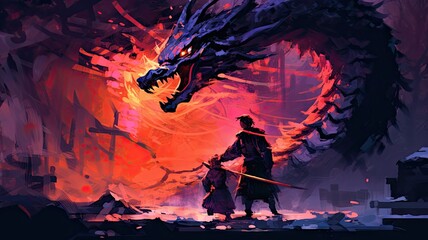 Fototapeta premium A man standing in front of a dragon with a sword, created with Generative Ai Technology