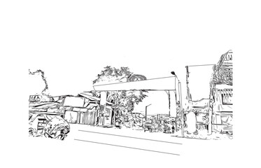 Building view with landmark of Puerto Princesa is the city in the Philippines. Hand drawn sketch illustration in vector.