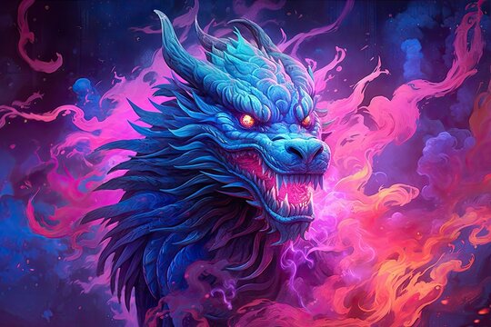 A painting of a blue dragon with red eyes, created with Generative Ai Technology