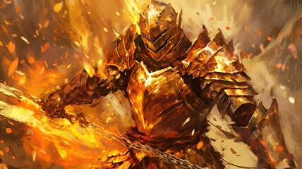 digital painting splash art of a golden armor knight in the fire flarmes, fantasy warrior dragon knight concept, created with Generative Ai Technology