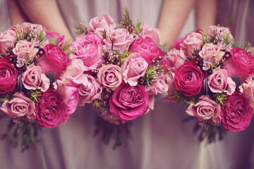 Trio of bridesmaids posies in shades of pink