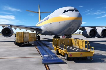 Loading process of a cargo plane at the airport. A cargo trolley delivering cargo to the jet on the airfield. Global freight transportation, airmail and logistics concept. 3D illustration.