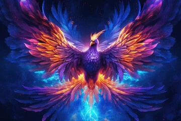 digital painting of phoenix in the blue purple flames, reborn and more powerful, artistic digital painting mythological bird concept, created with Generative Ai Technology - obrazy, fototapety, plakaty