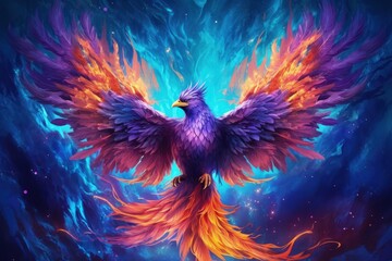 digital painting of phoenix in the blue purple flames, reborn and more powerful, artistic digital painting mythological bird concept, created with Generative Ai Technology