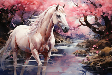 Naklejka na ściany i meble Visualize a captivating floral horse with a mane made of delicate cherry blossoms, softly falling petals floating, Generative Ai