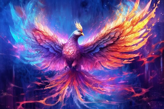 digital painting of phoenix in the blue purple flames, reborn and more powerful, artistic digital painting mythological bird concept, created with Generative Ai Technology