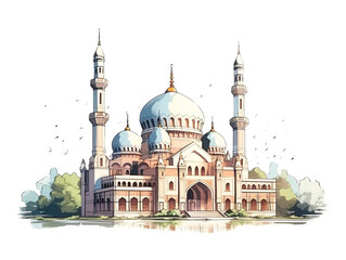 Naklejka premium Drawing of a mosque using medium ink and watercolor isolated on white background. The design of the mosque has elements of typical Islamic architecture such as domes and minarets.