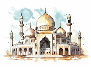 Drawing of a mosque using medium ink and watercolor isolated on white background. The design of the mosque has elements of typical Islamic architecture such as domes and minarets.