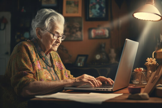 Grandmother sitting at table at home using laptop.