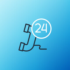 Line Telephone 24 hours support icon isolated on blue background. All-day customer support call-center. Full time call services. Colorful outline concept. Vector