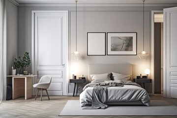 bedroom with white door, study area, and poster over the bed. Modern home design idea. Mockup. Generative AI