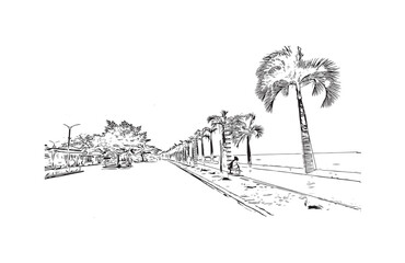 Building view with landmark of Puerto Princesa is the city in the Philippines. Hand drawn sketch illustration in vector.