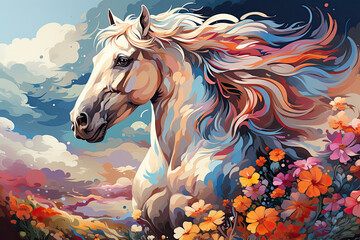 Naklejka na ściany i meble Envision a mystical floral horse with an ethereal glow emanating from its body, Generative Ai