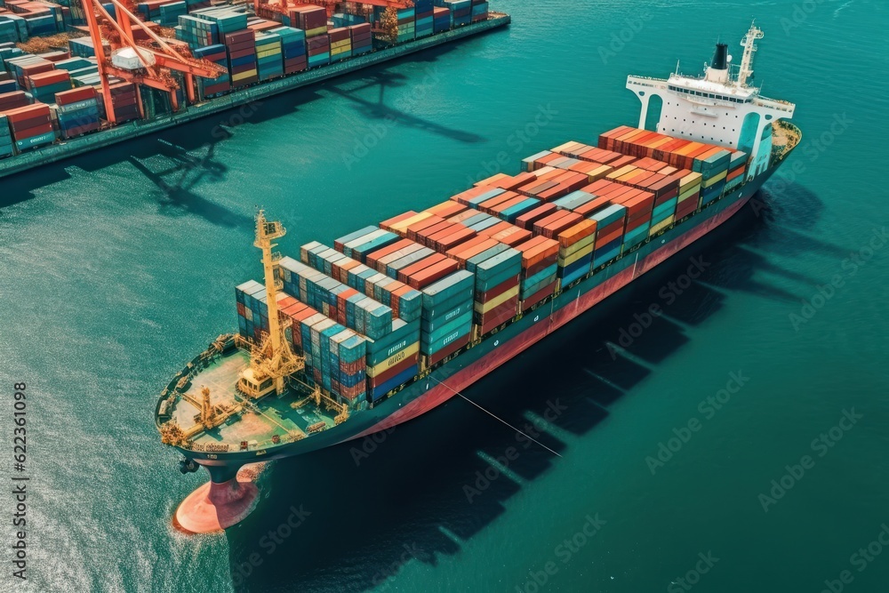 Poster aerial view of fully loaded container ship against the background of a cargo terminal in a seaport, 