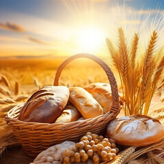 Jesus to Thanksgiving, Bread basket with wheat harvest, Ai generated