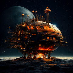 Sci-Fi ship in the night, in the style of fantastical machines, bulbous, large-scale canvas, dieselpunk, conceptual digital art, dark bronze and orange, gothic steampunk ship floating. 